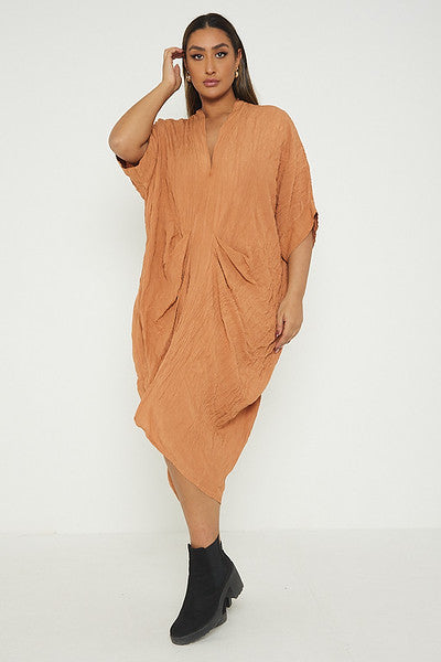 One Size V Neck Gathered Tunic Maxi Dress