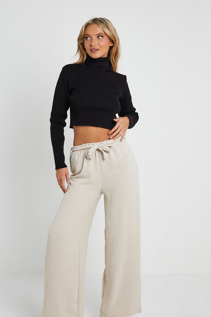 Elasticated Waist Belted Straight Flare Crepe Trousers