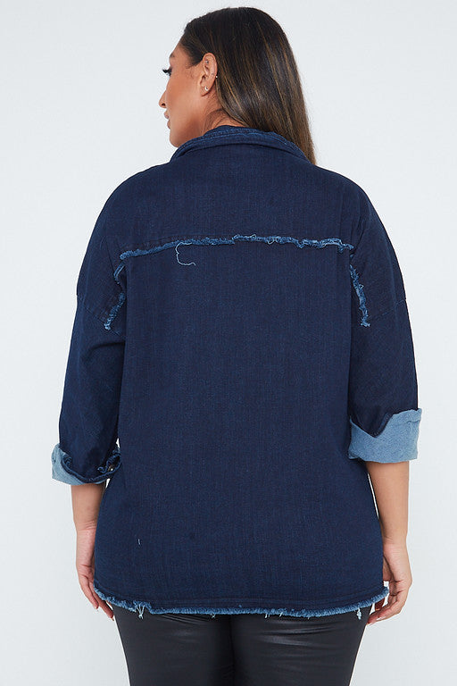 One Size Dark Denim Distressed Denim Shirt