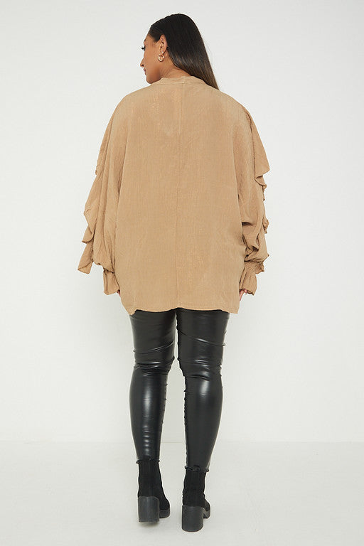 One Size Ruffle Detail Crinkle Lurex Shirt Blouse