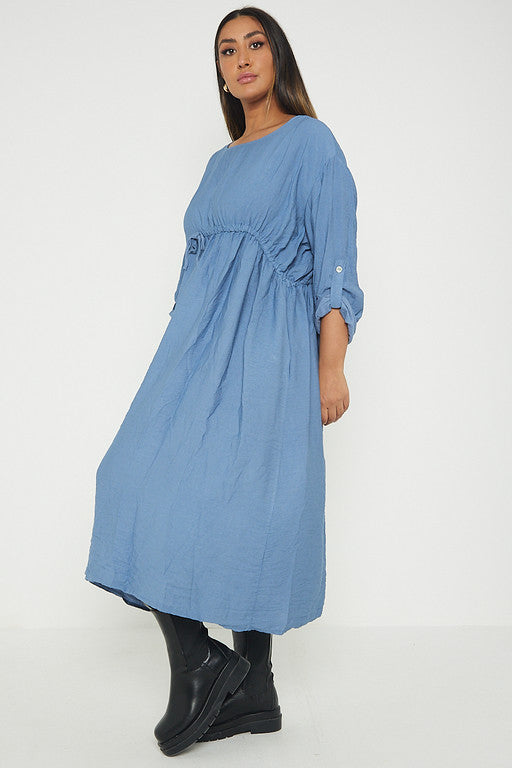 One Size  Crepe Turn Up Sleeve Pocket Midi Long Dress