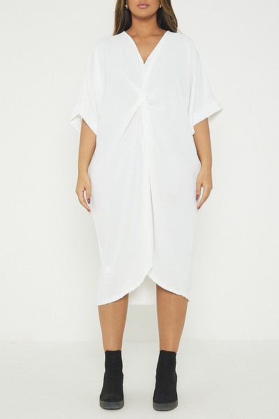 One Size Twist Front Mid Sleeve Midi Tunic Dress