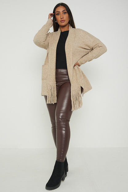 One Size Fringe Hem Pocket Cardigan Jumper