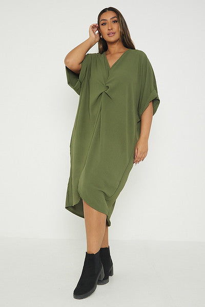 One Size Twist Front Mid Sleeve Midi Tunic Dress