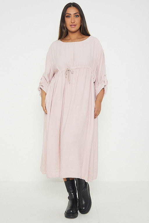 One Size  Crepe Turn Up Sleeve Pocket Midi Long Dress