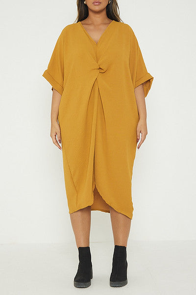 One Size Twist Front Mid Sleeve Midi Tunic Dress