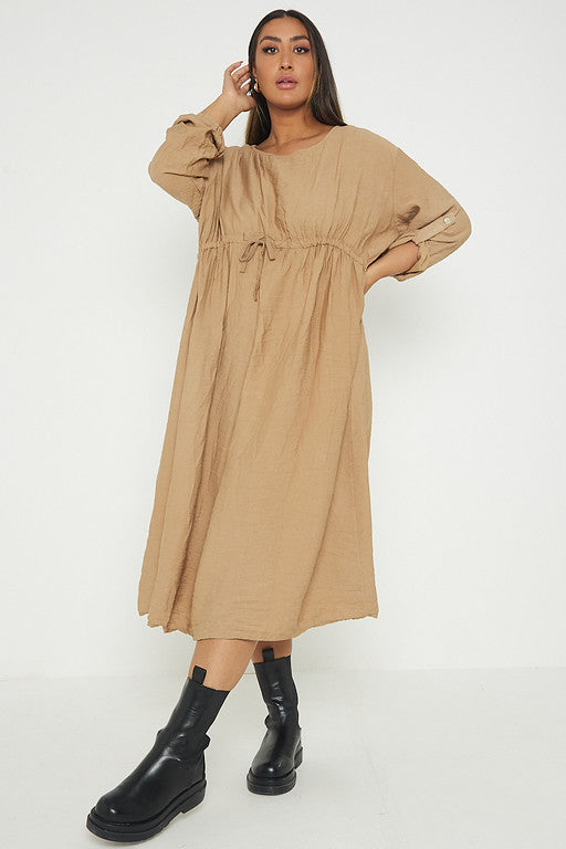 One Size  Crepe Turn Up Sleeve Pocket Midi Long Dress