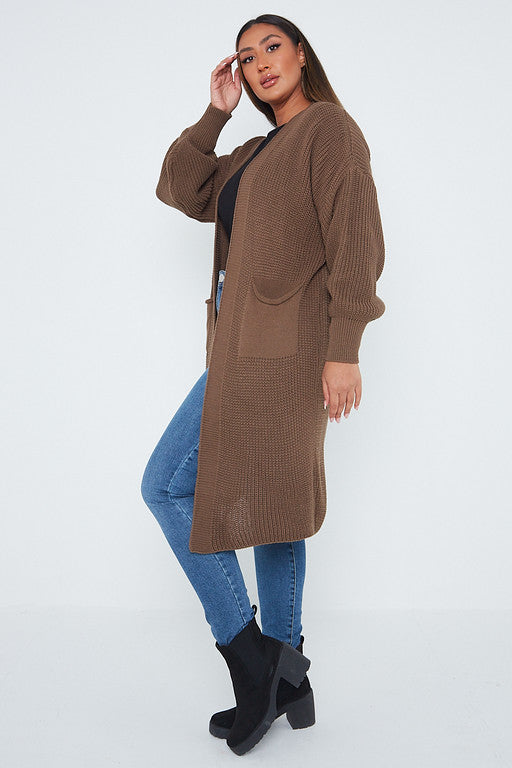 One Size Mid Length Knit Pocket Cardigan