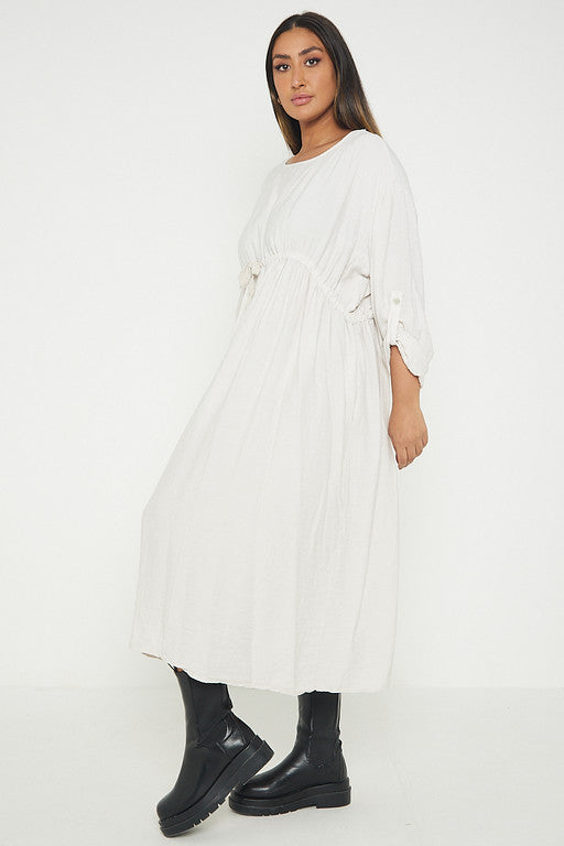 One Size  Crepe Turn Up Sleeve Pocket Midi Long Dress