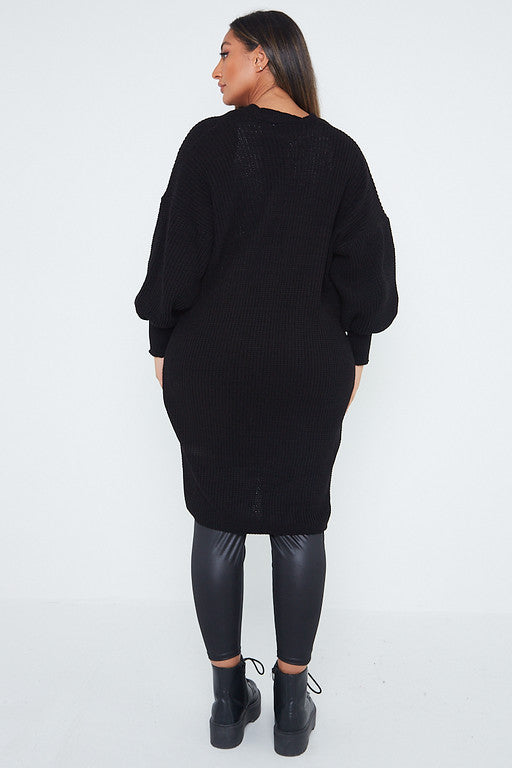 One Size Mid Length Knit Pocket Cardigan