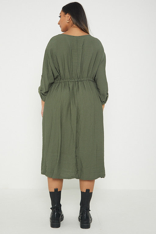One Size  Crepe Turn Up Sleeve Pocket Midi Long Dress