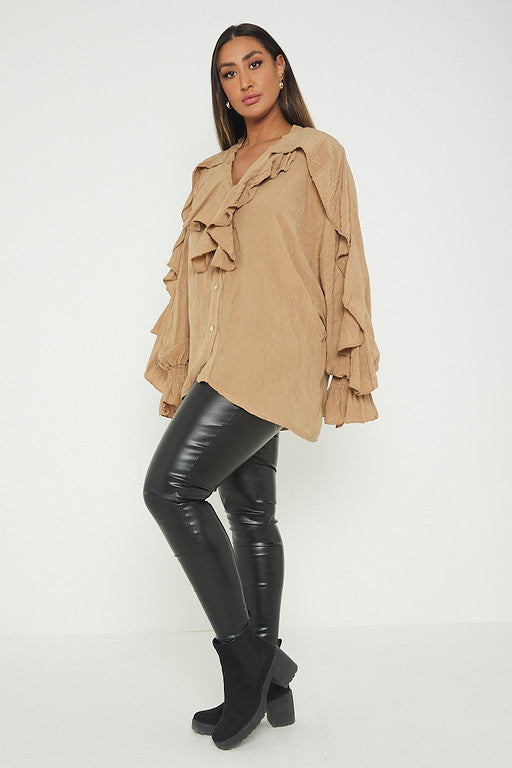 One Size Ruffle Detail Crinkle Lurex Shirt Blouse