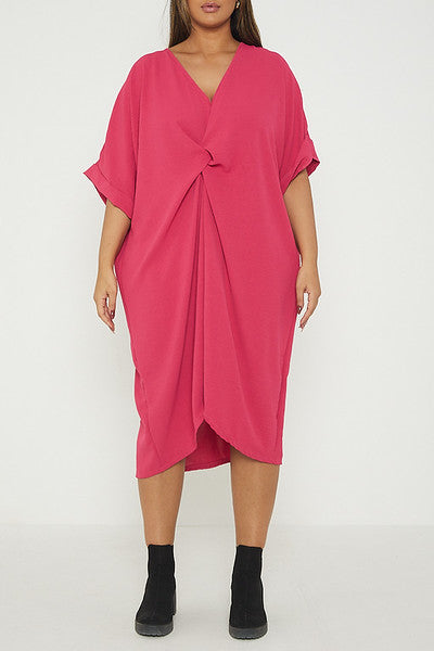 One Size Twist Front Mid Sleeve Midi Tunic Dress