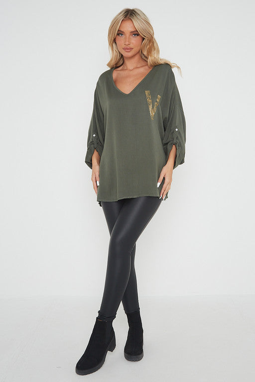 One Size 'V' Embellished V Neck Top