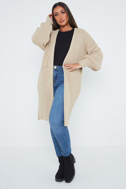 One Size Mid Length Knit Pocket Cardigan