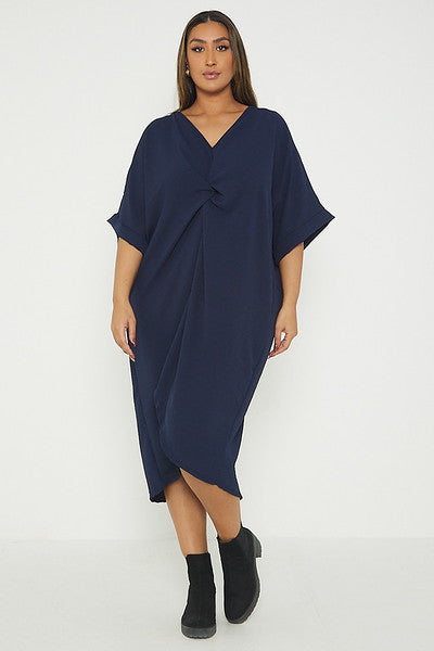 One Size Twist Front Mid Sleeve Midi Tunic Dress