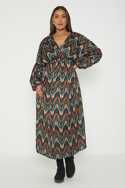 One Size Abstract Print Balloon Sleeve Maxi Long Dress