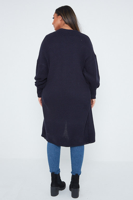 One Size Mid Length Knit Pocket Cardigan
