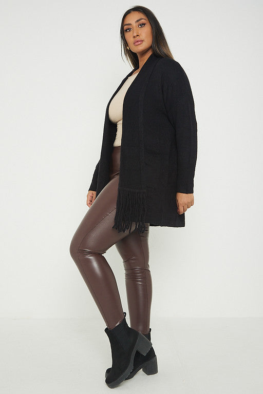 One Size Fringe Hem Pocket Cardigan Jumper