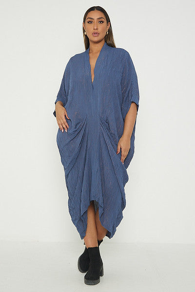 One Size V Neck Gathered Tunic Maxi Dress