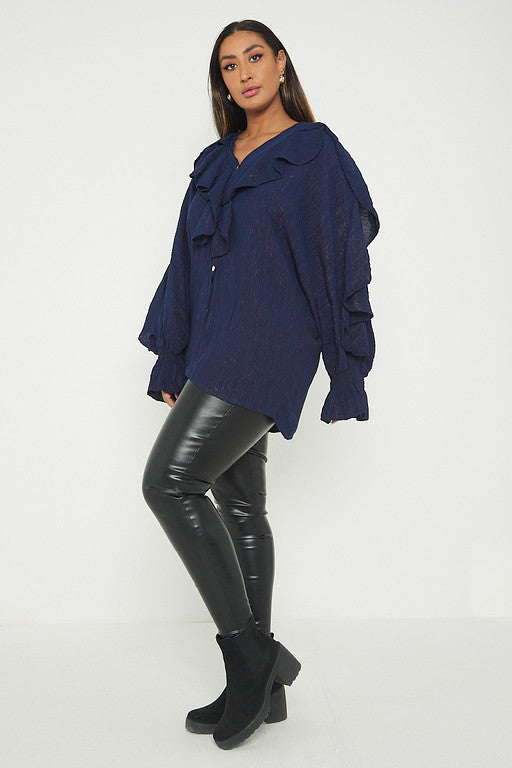 One Size Ruffle Detail Crinkle Lurex Shirt Blouse