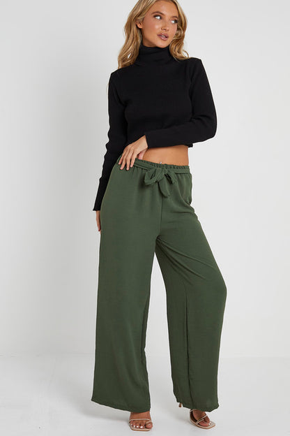Elasticated Waist Belted Straight Flare Crepe Trousers