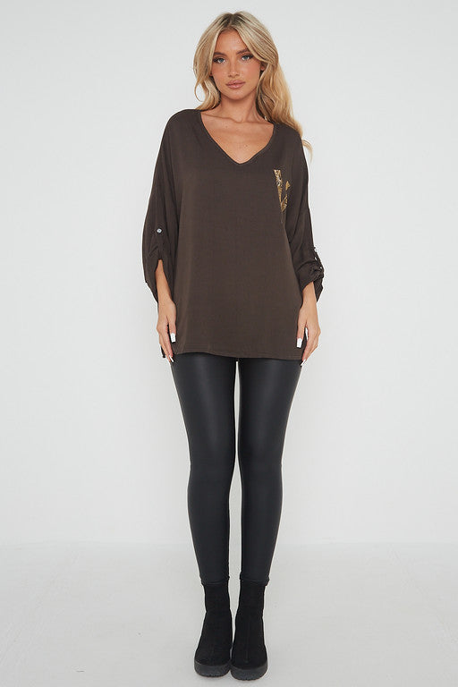 One Size 'V' Embellished V Neck Top