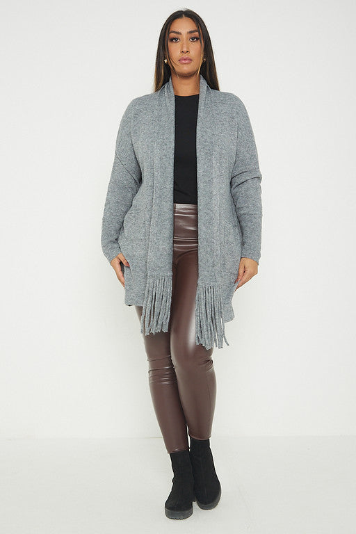 One Size Fringe Hem Pocket Cardigan Jumper