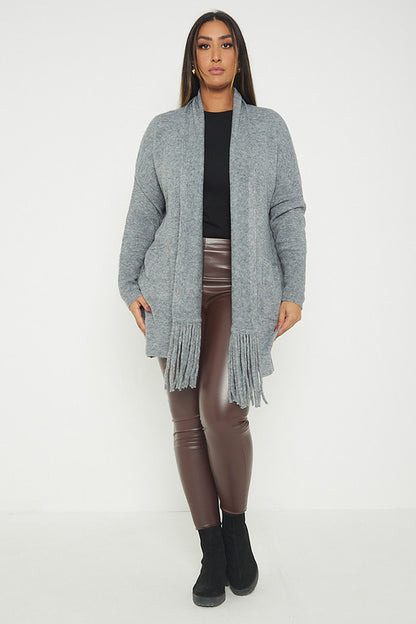 One Size Fringe Hem Pocket Cardigan Jumper