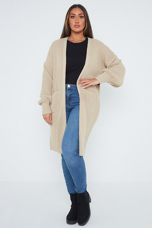 One Size Mid Length Knit Pocket Cardigan