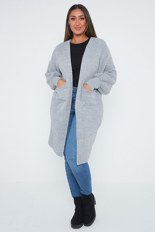 One Size Mid Length Knit Pocket Cardigan