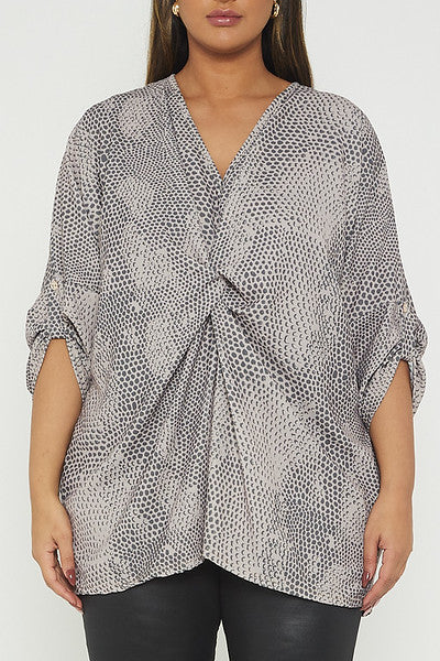 One Size Snake Print Twist Front Turn Up Sleeve Blouse