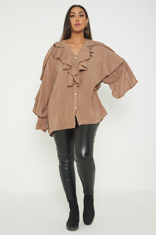 One Size Ruffle Detail Crinkle Lurex Shirt Blouse