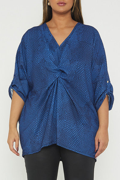 One Size Snake Print Twist Front Turn Up Sleeve Blouse