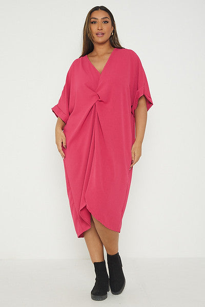 One Size Twist Front Mid Sleeve Midi Tunic Dress