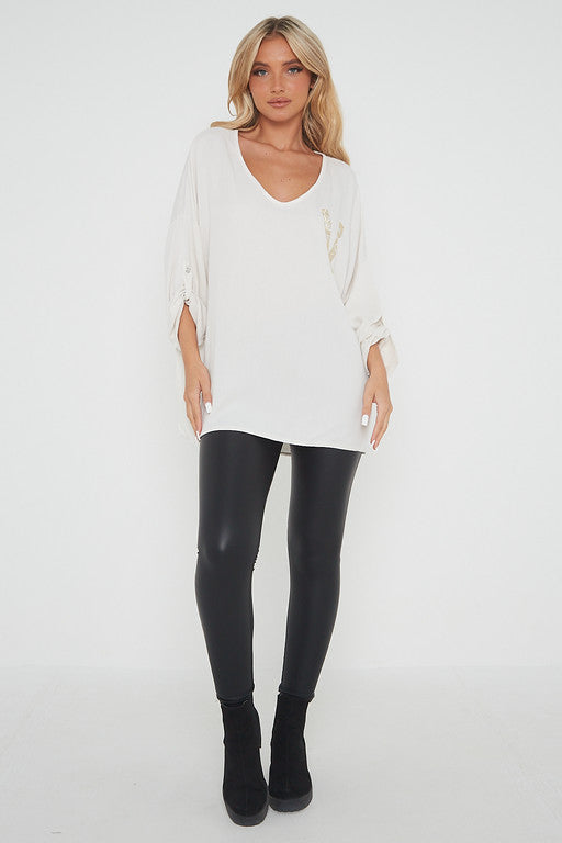 One Size 'V' Embellished V Neck Top