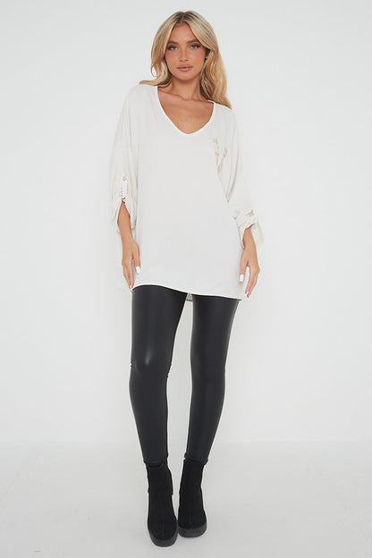 One Size 'V' Embellished V Neck Top