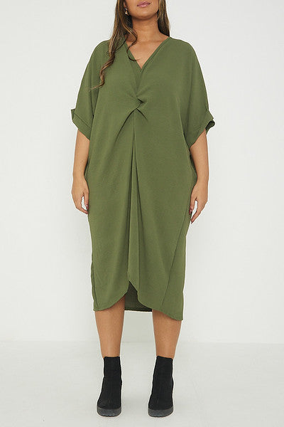 One Size Twist Front Mid Sleeve Midi Tunic Dress