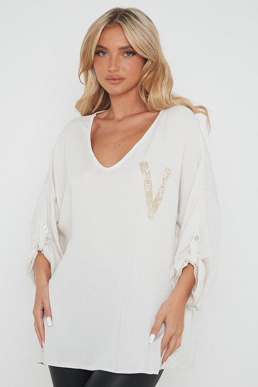 One Size 'V' Embellished V Neck Top