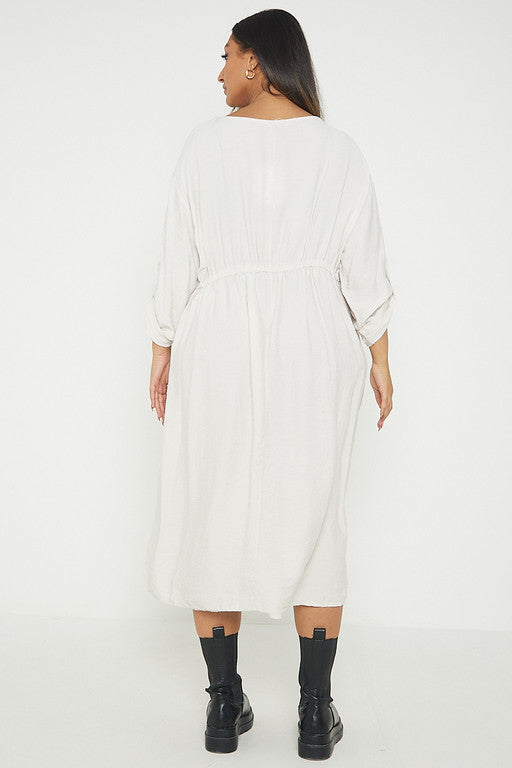 One Size  Crepe Turn Up Sleeve Pocket Midi Long Dress