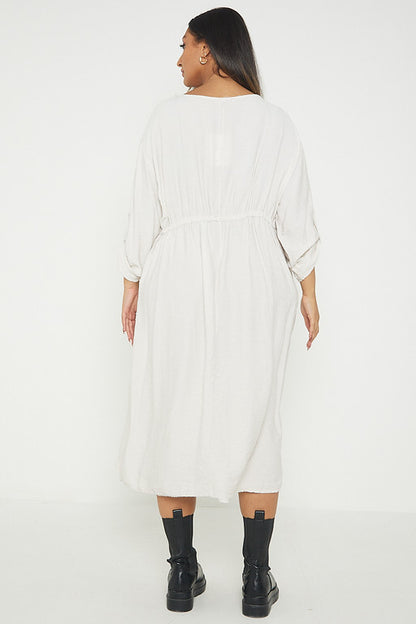 One Size  Crepe Turn Up Sleeve Pocket Midi Long Dress