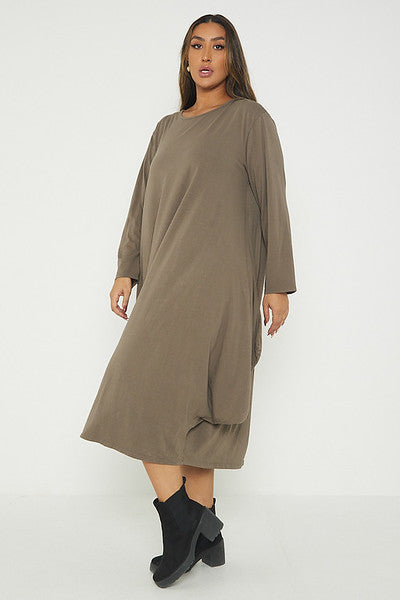 One Size Long Sleeved Waterfall Hem Midi Dress