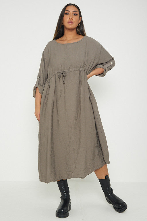 One Size  Crepe Turn Up Sleeve Pocket Midi Long Dress