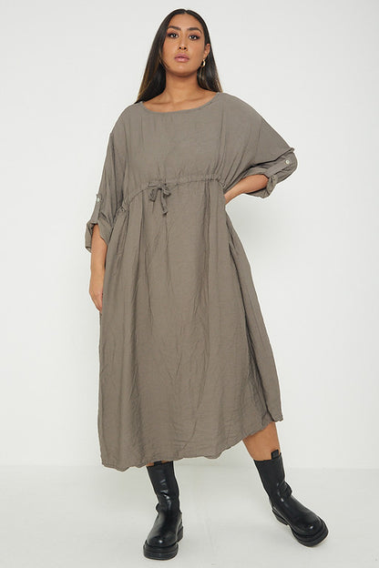 One Size  Crepe Turn Up Sleeve Pocket Midi Long Dress