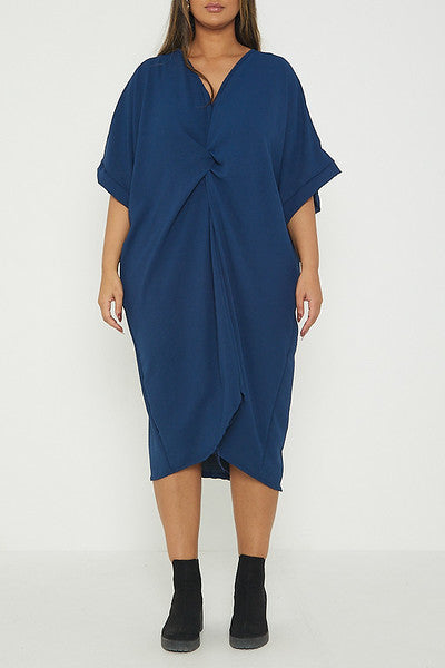 One Size Twist Front Mid Sleeve Midi Tunic Dress