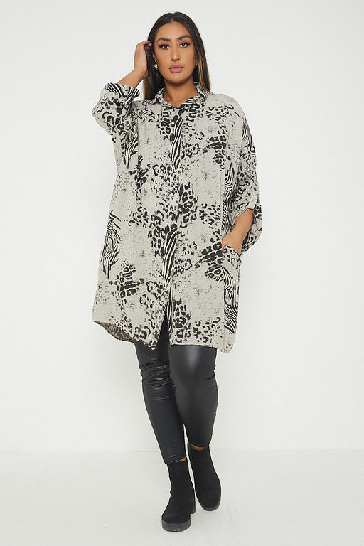 One Size Animal Print Turn Up Sleeve Shirt With Pockets