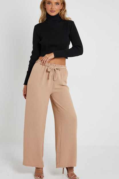 Elasticated Waist Belted Straight Flare Crepe Trousers