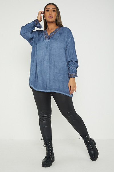 One Size Lace Trim Blouse