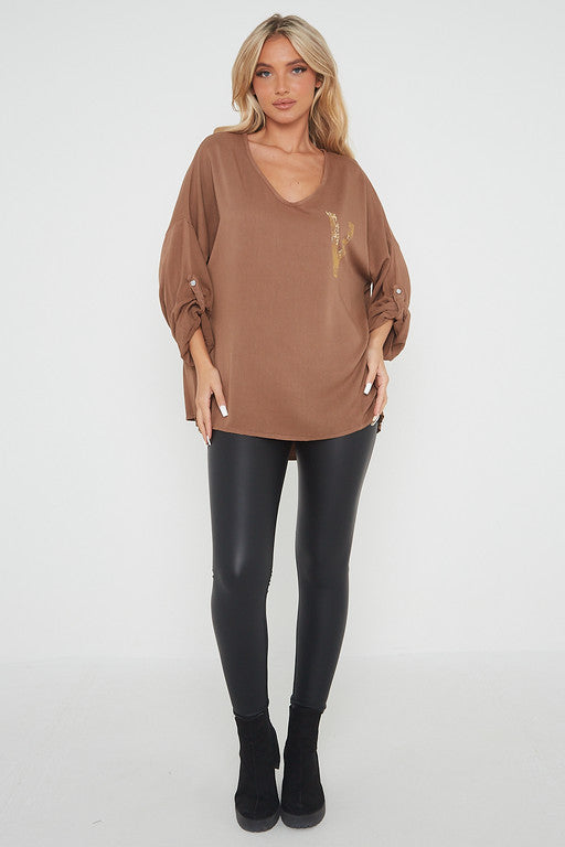 One Size 'V' Embellished V Neck Top