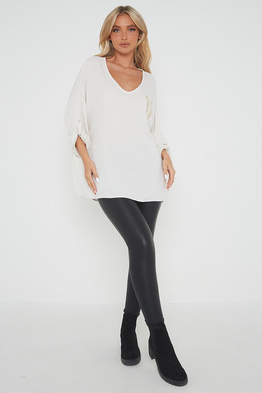 One Size 'V' Embellished V Neck Top